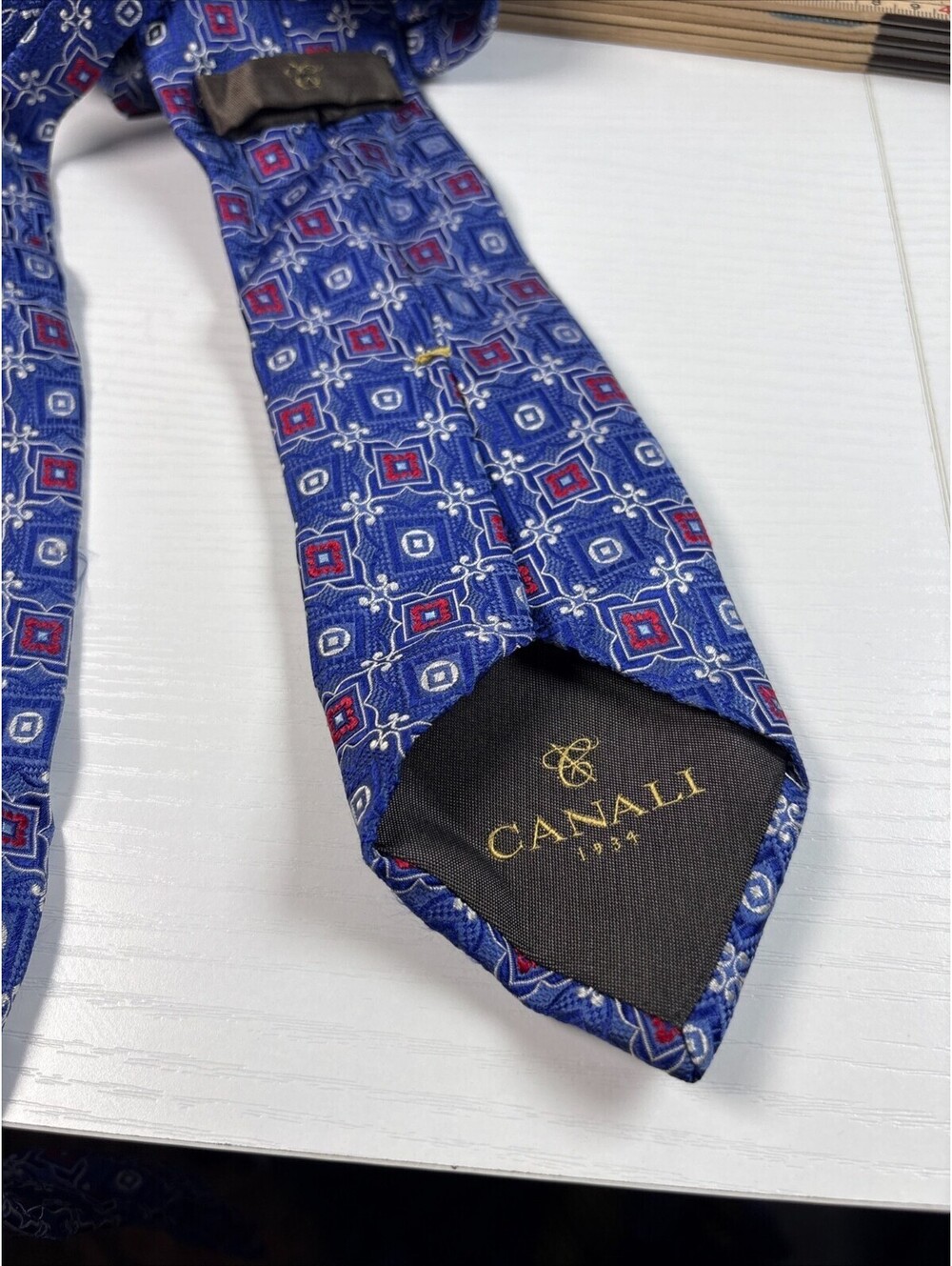 Canali 1934 Silk Tie Blue Red Geometric Medallion Made in Italy Designer Necktie